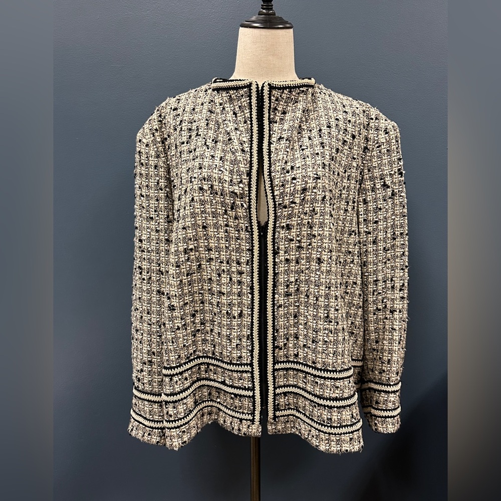 Jones‎ New York 24W Tweed Jacket Black Cream Metallic Trim Open Front Zip VTG